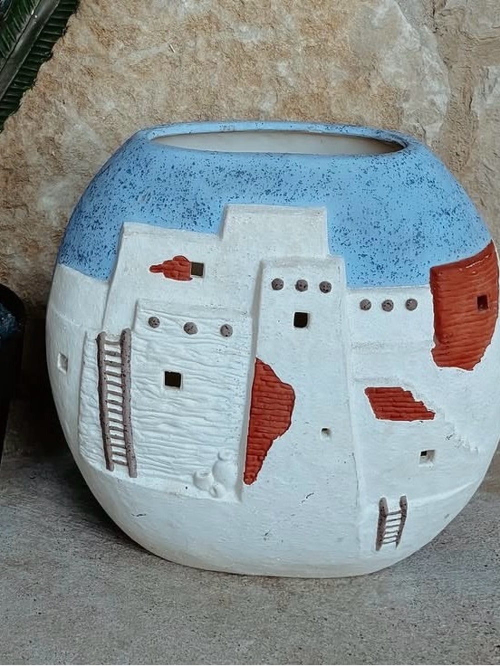 Handcrafted White & Blue Southwestern-Style Decorative Vase